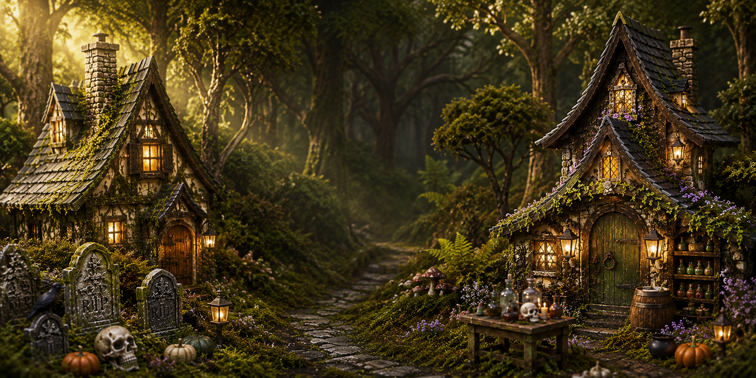 Two miniature woodland cottages on either side of a stone path, one with a small graveyard and one with an apothecary bench, showing pieces of different scales in a single scene