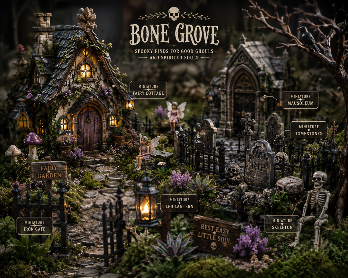 Spooky Halloween fairy garden with miniature cemetery, haunted cottage, tombstones, skeleton and miniature graveyard accessories.