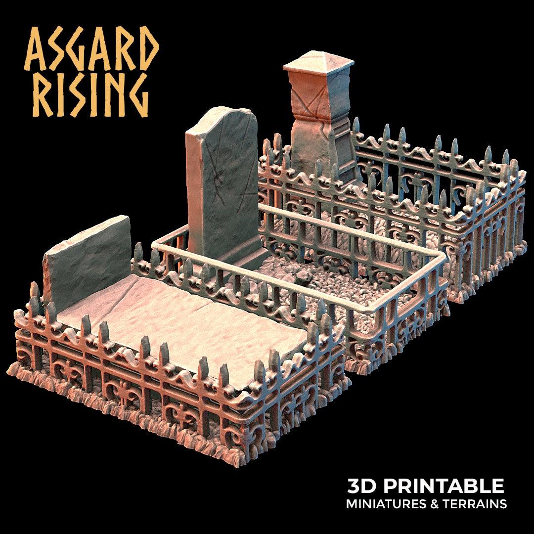 Miniature Graveyard Fence & Graves Set, 28mm/32mm