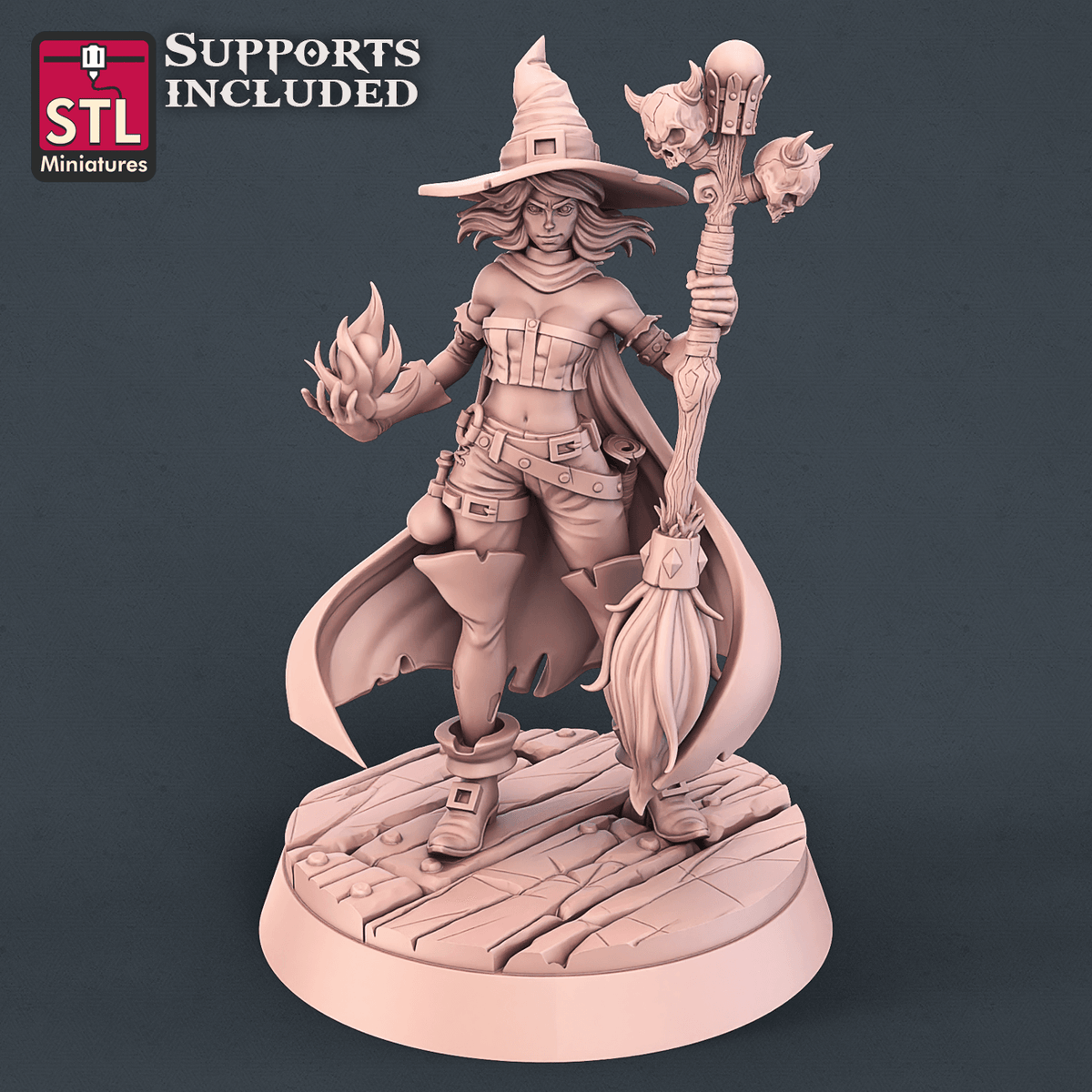 28mm/32mm witch miniature in a pointed hat holding a staff and broom, standing on a round base, unpainted render