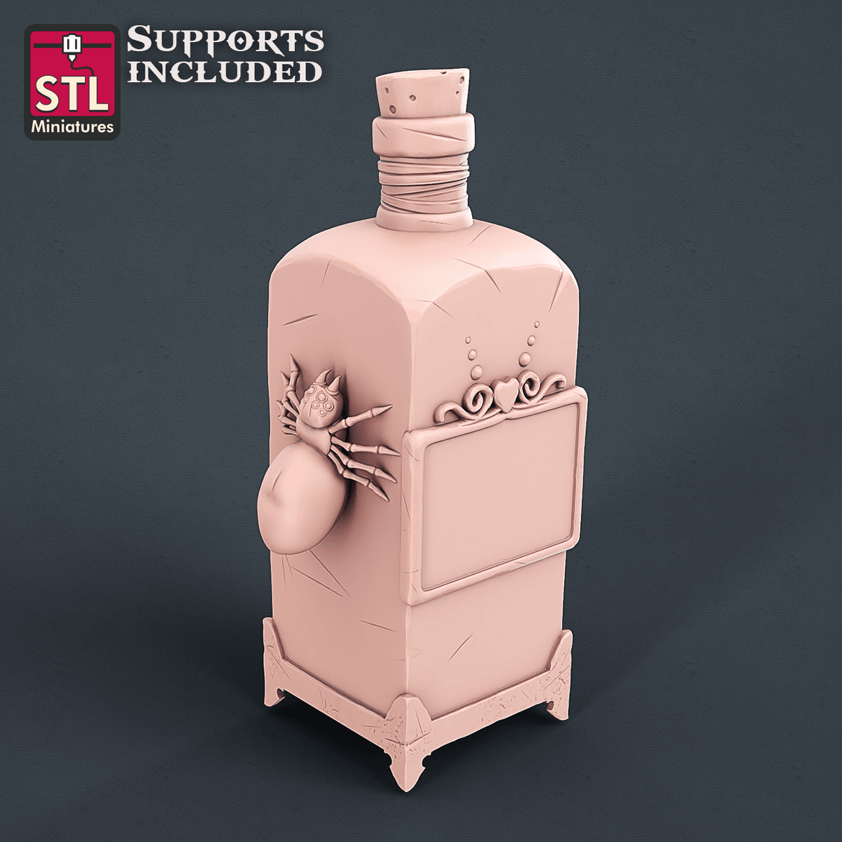 Witch's potion bottle miniature with a corked neck, a label and a small creature clinging to the side, unpainted render