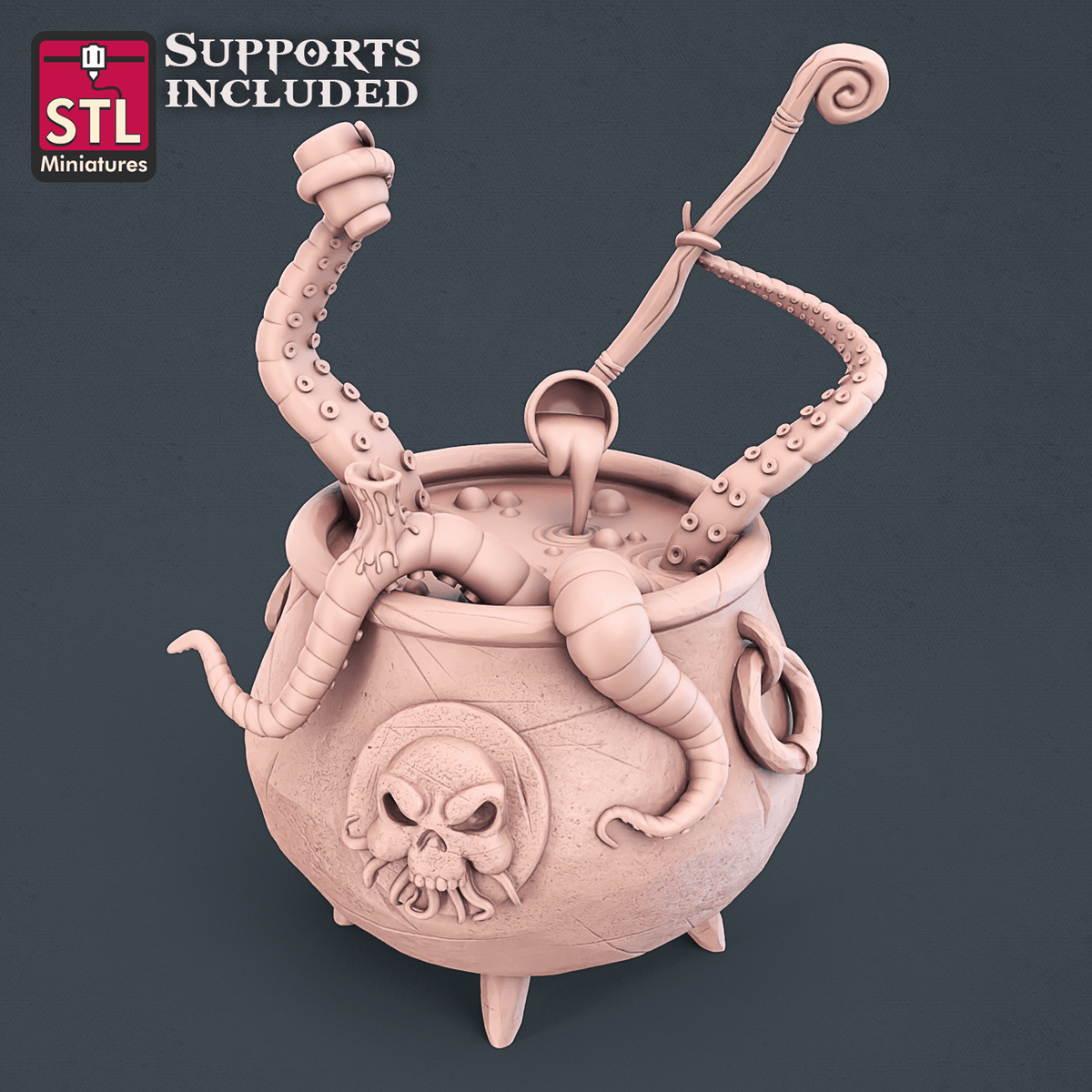 Witch's cauldron miniature with a skull on the front and tentacles rising out of the pot, unpainted render