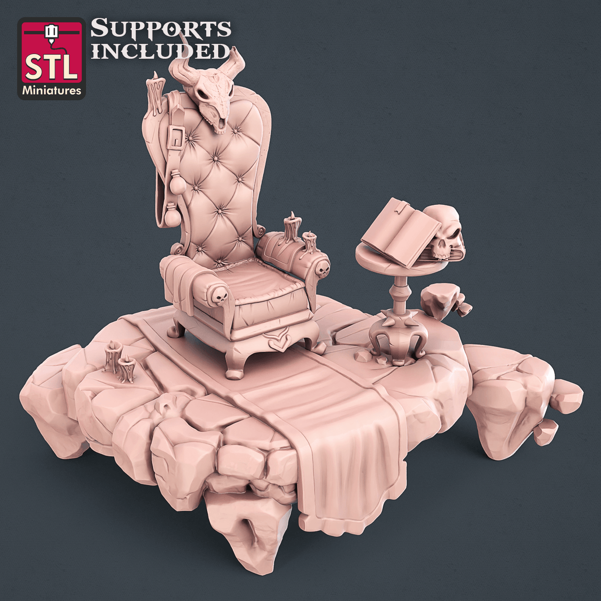 Witch's high-backed tufted chair miniature on a draped rug with a side table, book and candle, unpainted render