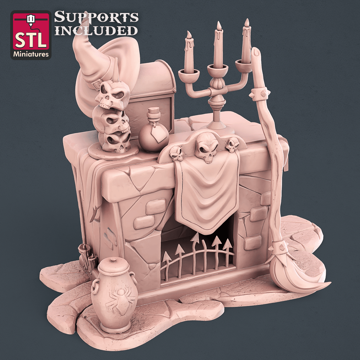 Witch's stone fireplace miniature with candelabra, skulls and a draped cloth on the mantel, unpainted render