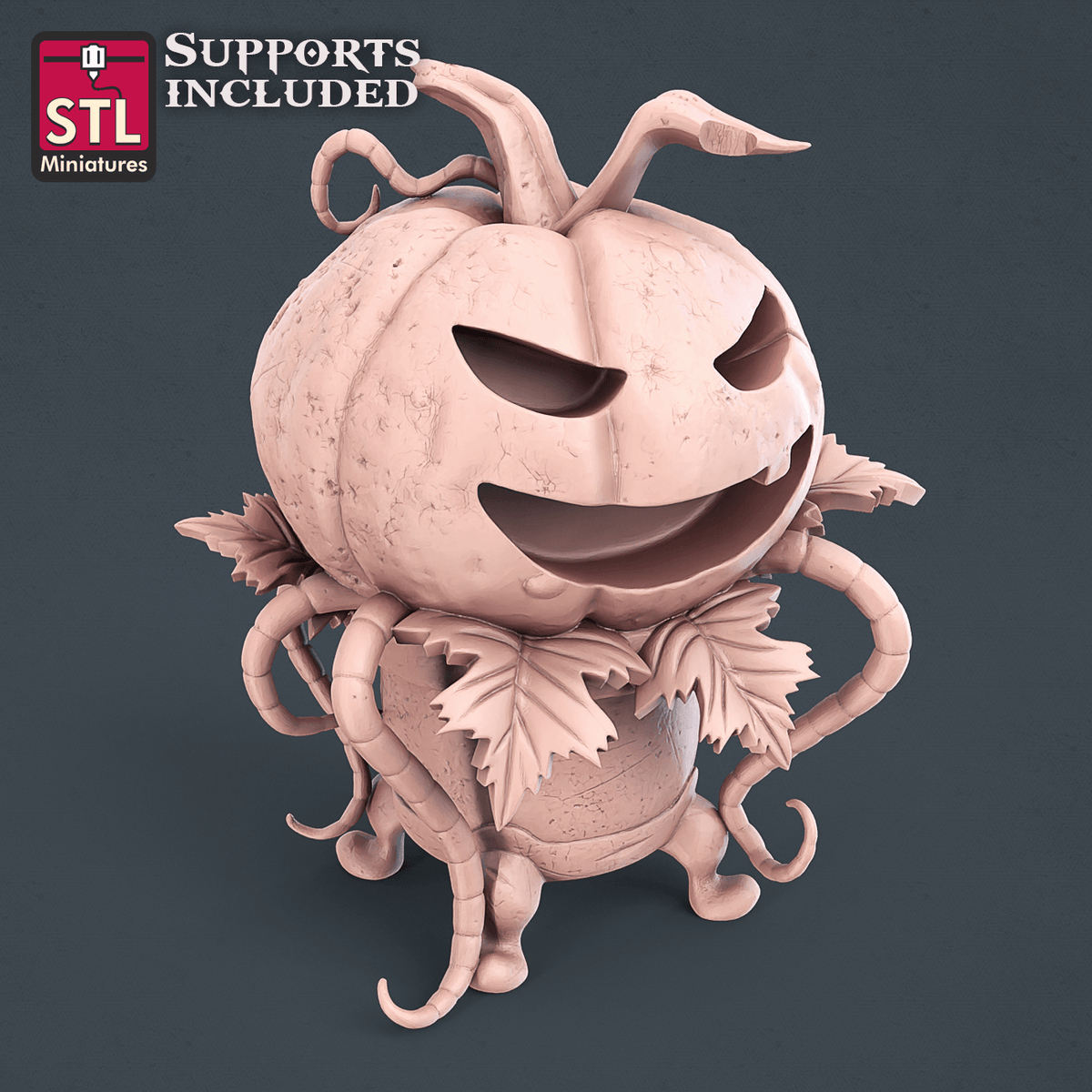 Grinning jack-o'-lantern pumpkin miniature with curling vines and leaves, unpainted render