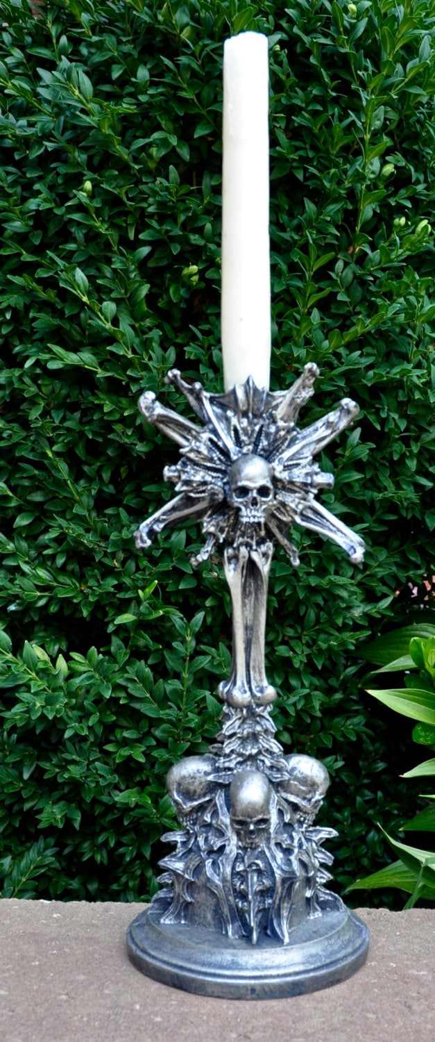 Requiem Monstrance Candlestick Holder, Hand Sculpted Resin | Spooky Gothic Skull and Bones Candle Holder for Halloween Gift and Gothic Decor